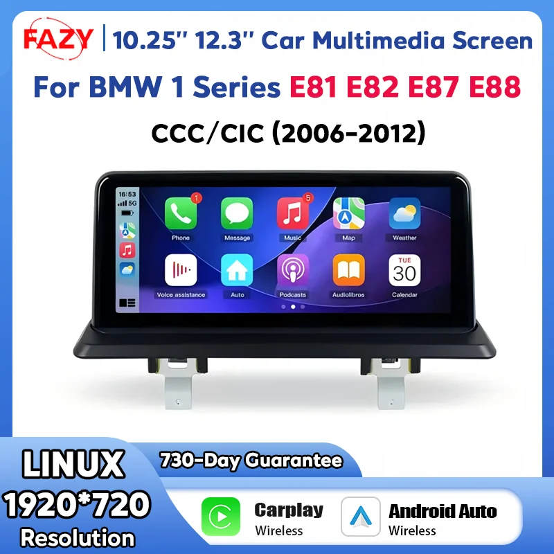 FAZY Sistema Multimedia para Auto con Pantalla Linux de 1920*720 para BMW Serie 1 E81 E82 E87 E88 2004-2012 CCC CIC Android Auto Inalámbrico Carplay WIFI