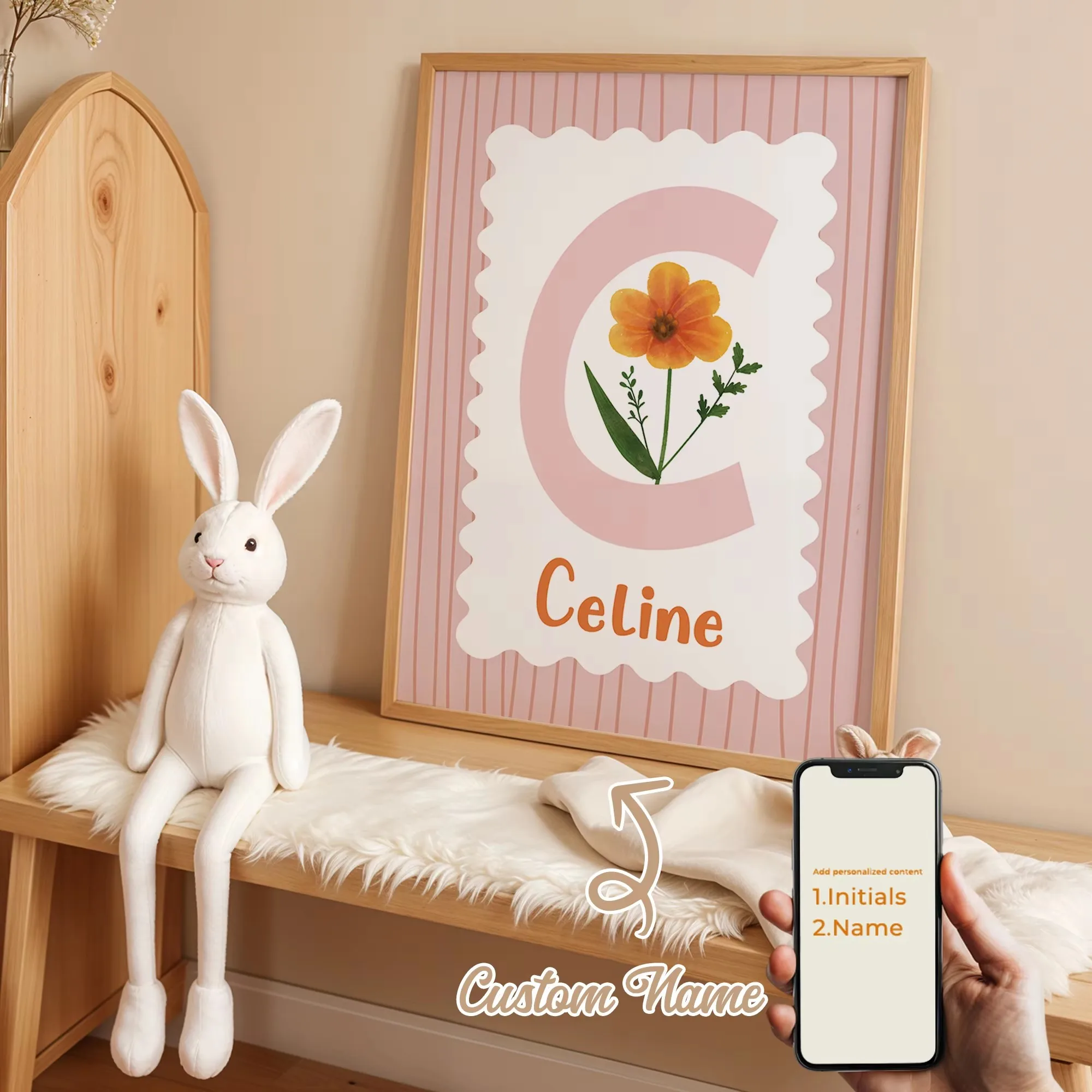 Personalisiertes Benutzerdefiniertes Namens-Cartoon Kinderzimmer Gestreiftes Wandkunst-Druckbild Rosa Blumen Kinderzimmer Leinwand-Poster für Heimdekoration
