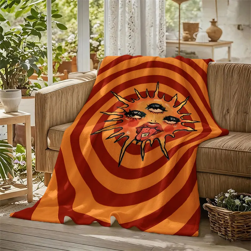 Trippy Retro Sun Flannel Blanket Warm Soft Halloween Christmas Decorative Couch Warm Cozy All-Season Gift