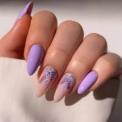 24Pcs Purple Flower Stiletto Round Head Press on Nails False Nails Almond Fake Nails French Wearable Full Cover Nail Tips