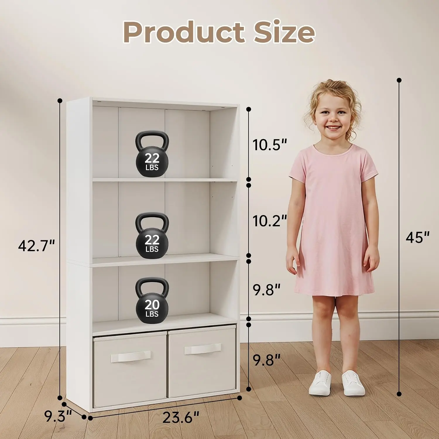 4-Tier Bookshelf with 2 Fabric Storage Cubes, Tall Bookcase with Adjustable Shelves & Anti-Toppling Device, Stable Freestanding Display Storage Shelf for Living Room, Bedroom, Home Office, White