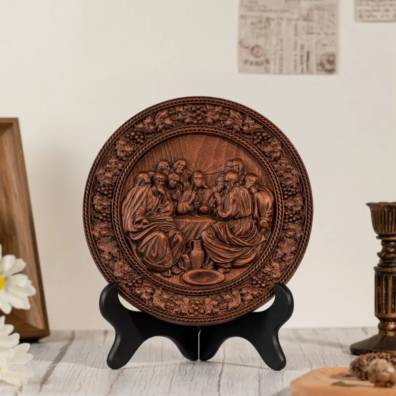 Religious Mural Round Wood Carving Ornament for Living Room Wall Art Jesus Ornament