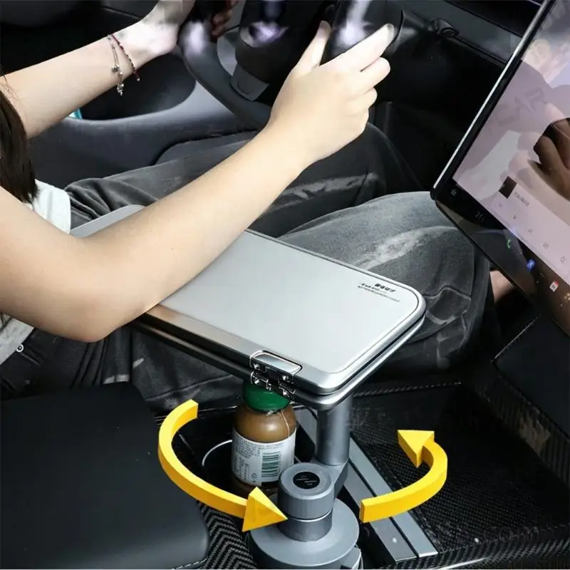 J0MA Center Console Car Tray Table with Cup Slot Mount, Turn Arm Desk for Front Meals, Tuck-In Two-Panel Top for Parked Breaks