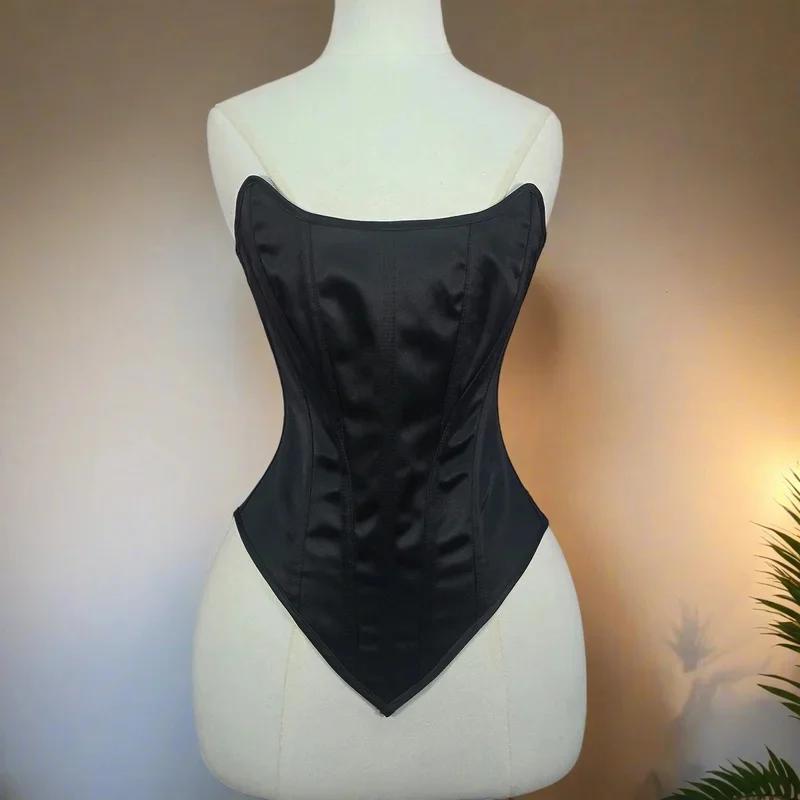 Elegant Minimalist Long Torso Solid Black Strapless Plain Satin Corset Bustier Top Waist Cincher Boned Women For Party Evening