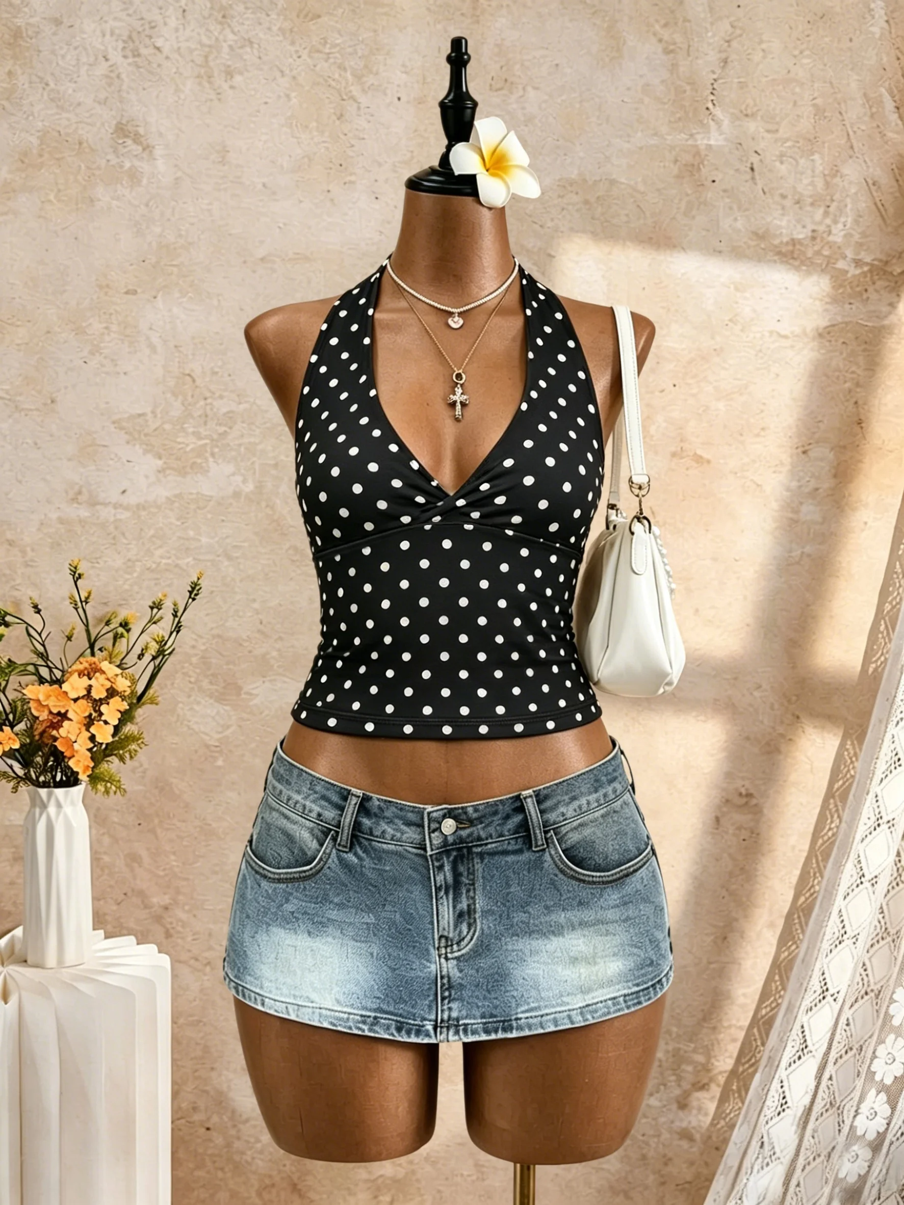 Damen Neckholder-Crop-Top mit V-Ausschnitt und Polka-Dot-Print, weiß, schwarze Punkte, ärmellos, schmale Passform, Sommer-Strand-Tanktop – Detail 6