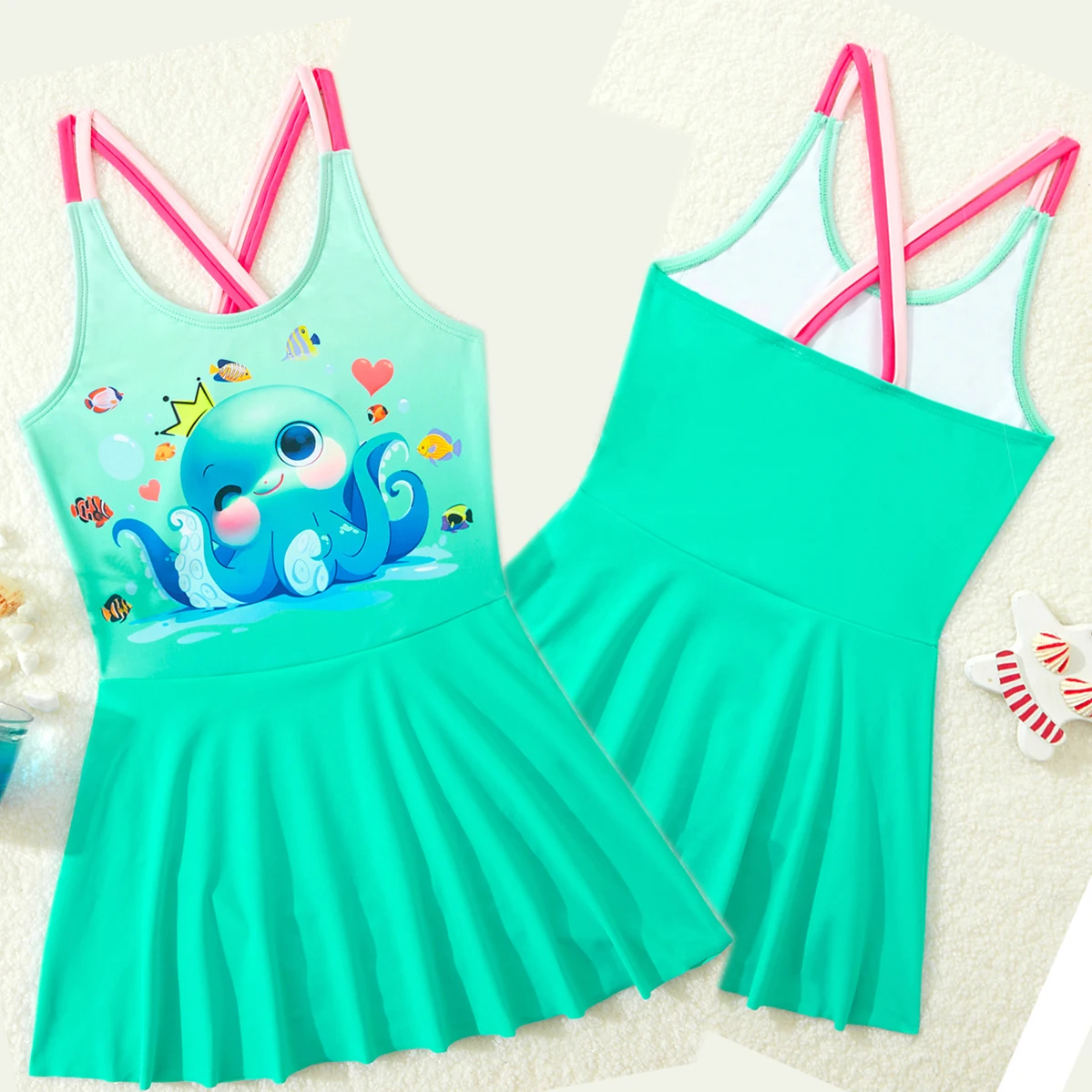 New 2025 Girls Swimsuit One Piece Swimwear Print Baby Dress Long Sleeve Kids Swimming Infant Beach Bathing Suits Children