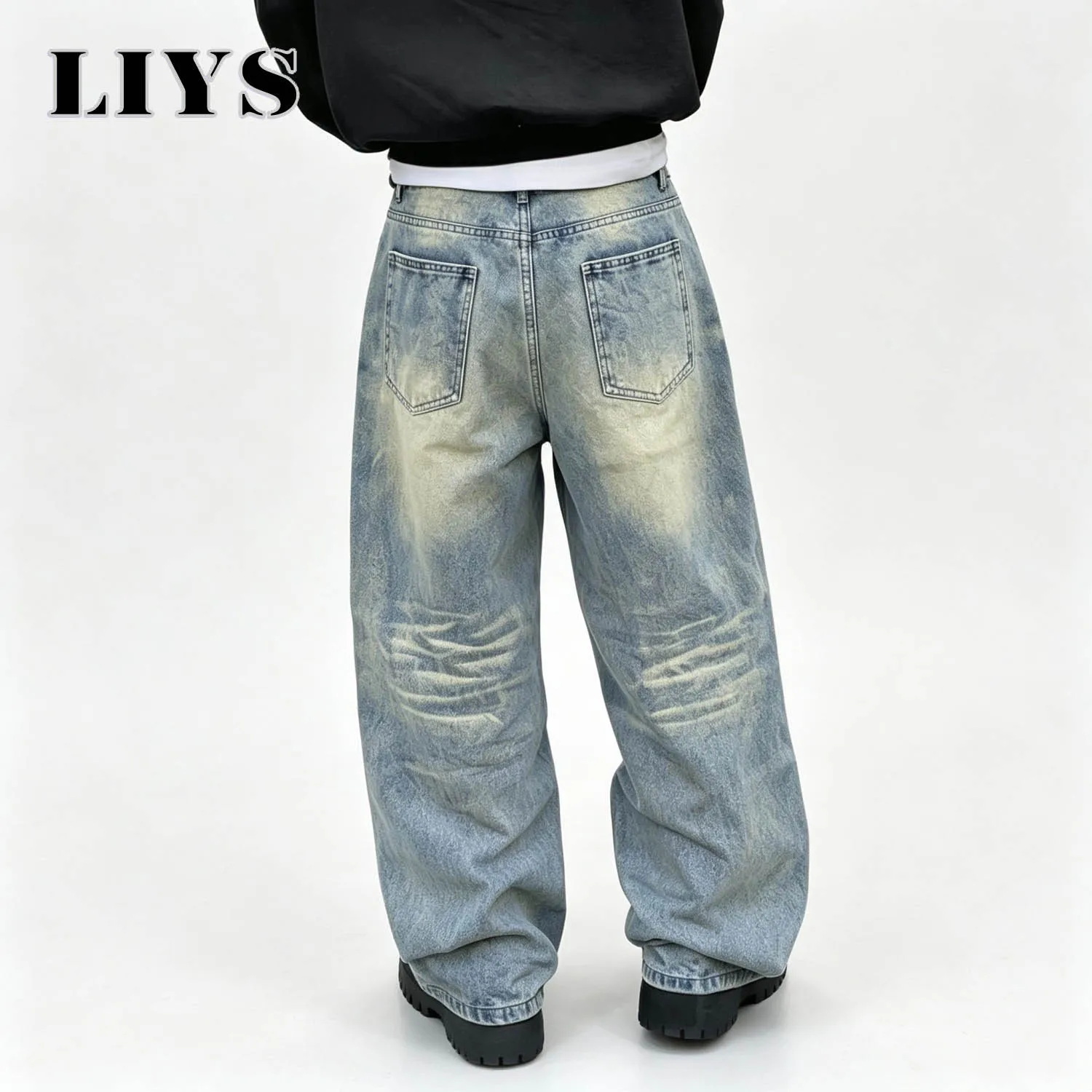 Men Vintage Distressed Baggy Jeans Faded Wash Wide Leg Denim Pants Y2K Hip Hop Streetwear Loose Oversized Daily Wear Trousers