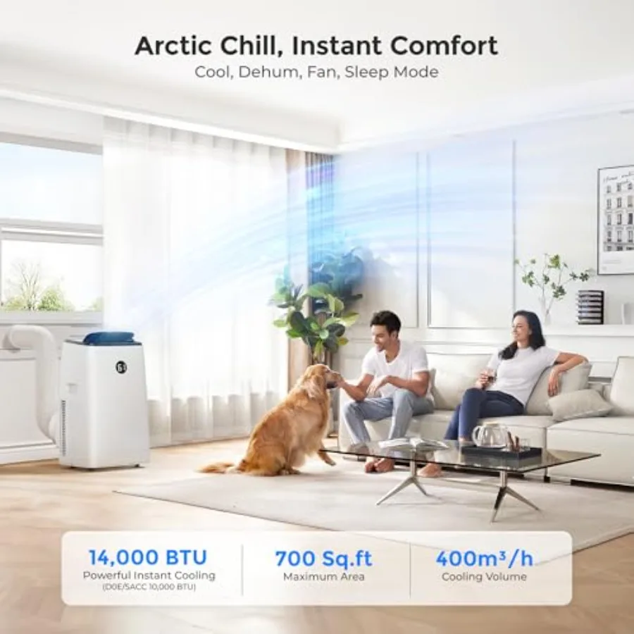 Portable air conditioner for large rooms up to 700 sq. ft, white ABS plastic, 14000 BTU with 3-in-1 self-evaporating cooling, f