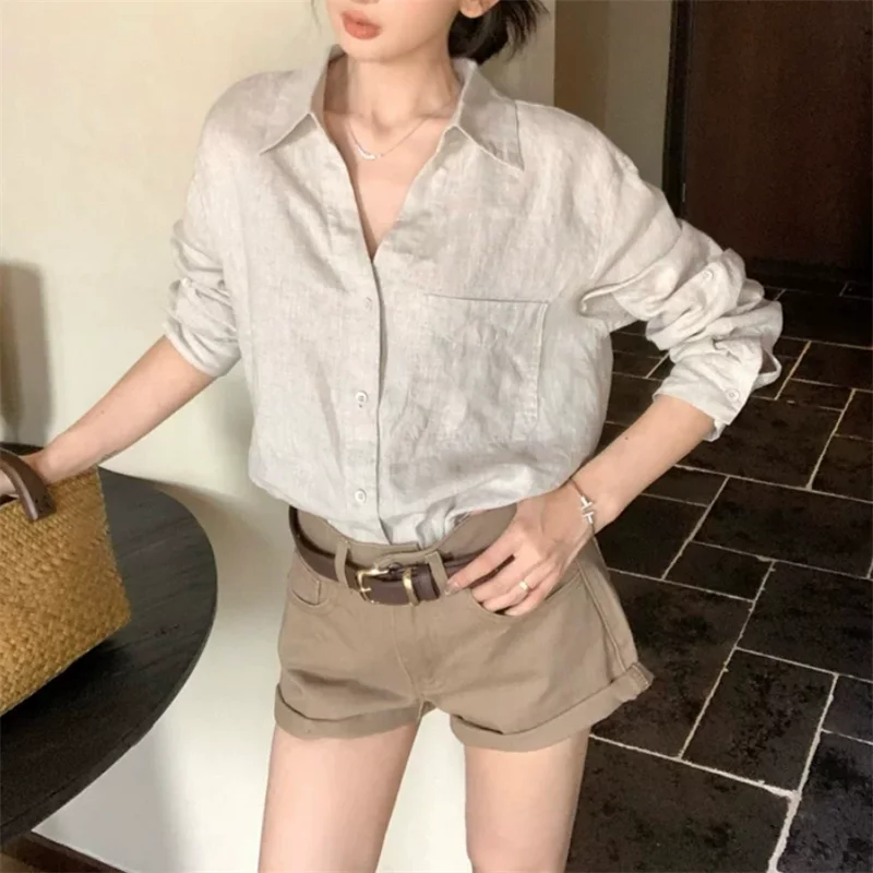Simple Lazy Style Matching 2 Piece Sets Ole Money V Neck Loose Shirt Thin Top+Khaki Wide Leg Mini Shorts Casual 2pc Pants Suits