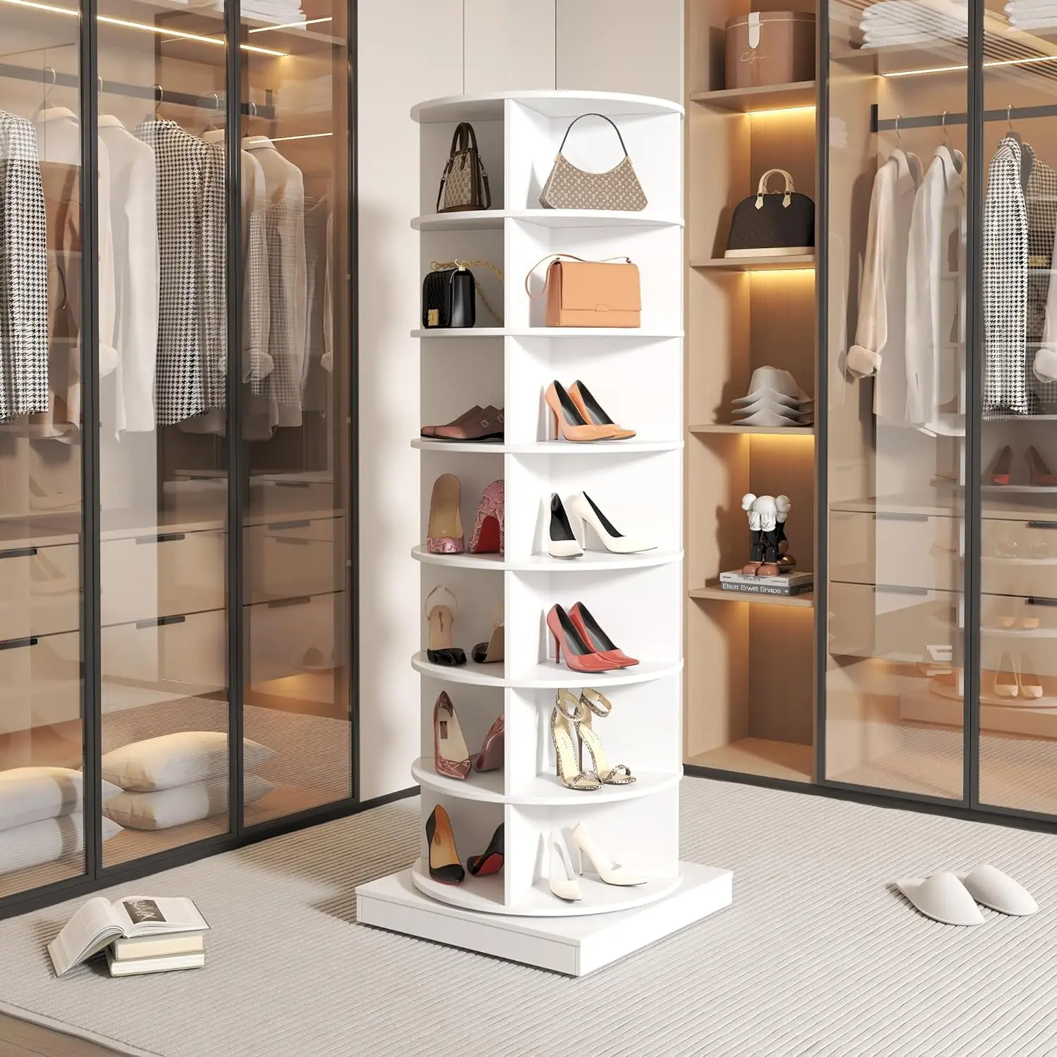 7-Tier Rotating Shoe Rack Tower, Freestanding 360 Spinning Storage Organizer for Entryway Hallway Holds 35 Pairs, Customized