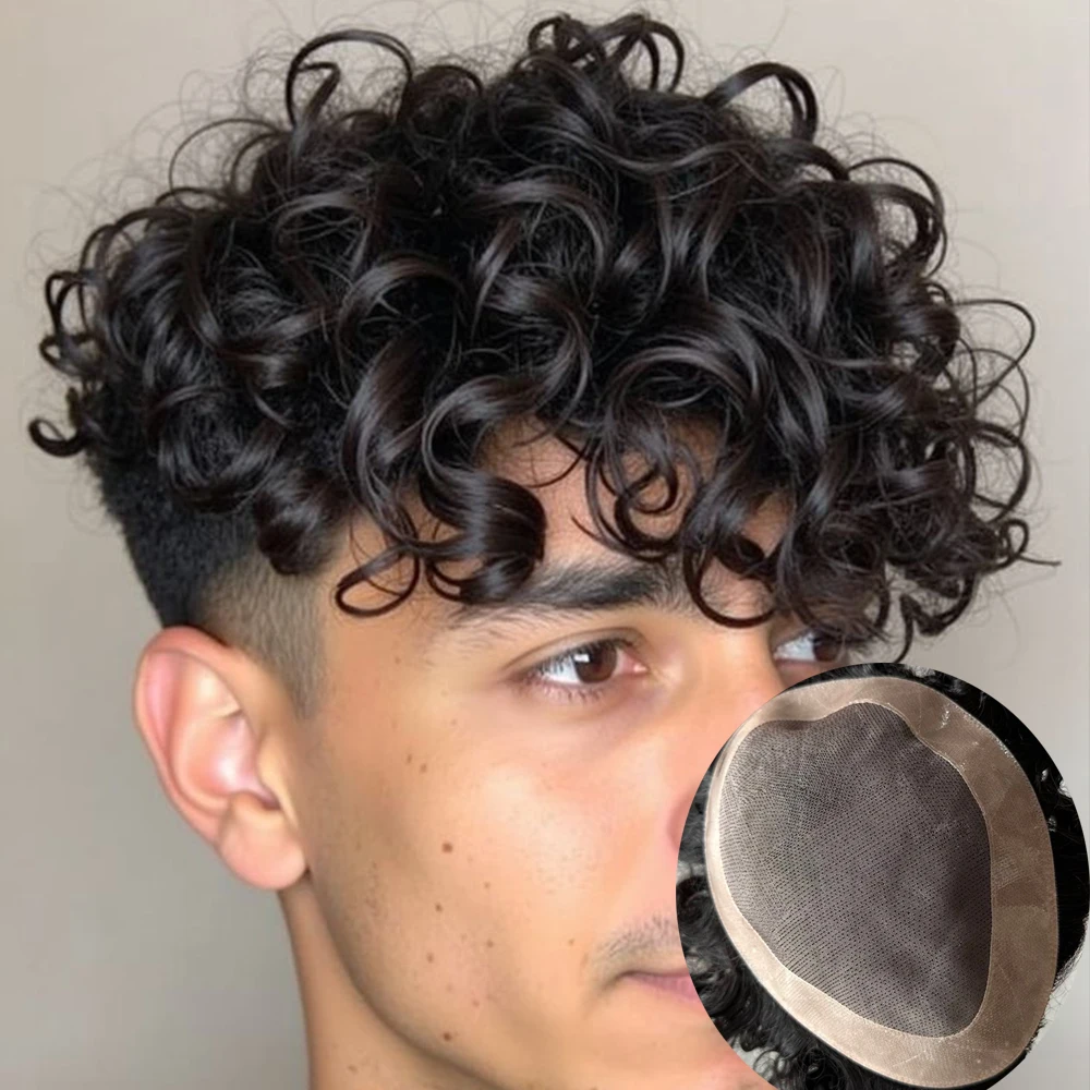 

Natural Hairline 20mm 15mm Curly Men Toupee Natural Human Hair Breathable Mono Lace Male System Prosthesis Black Light Blond Wig