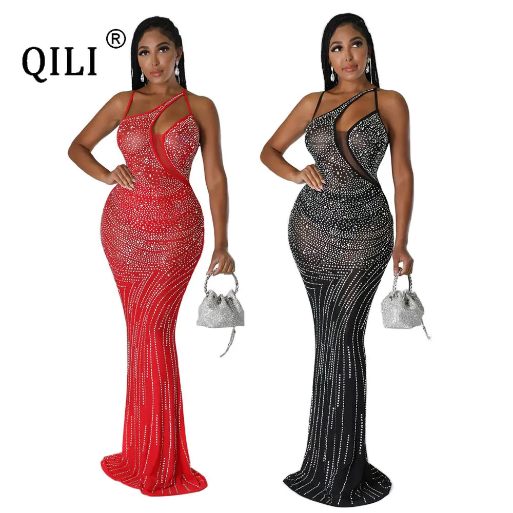 

QILI-Women's Sexy Floor-Length Mermaid Dress, Black, Red Diamonds Dresses, See Mesh, Long, New