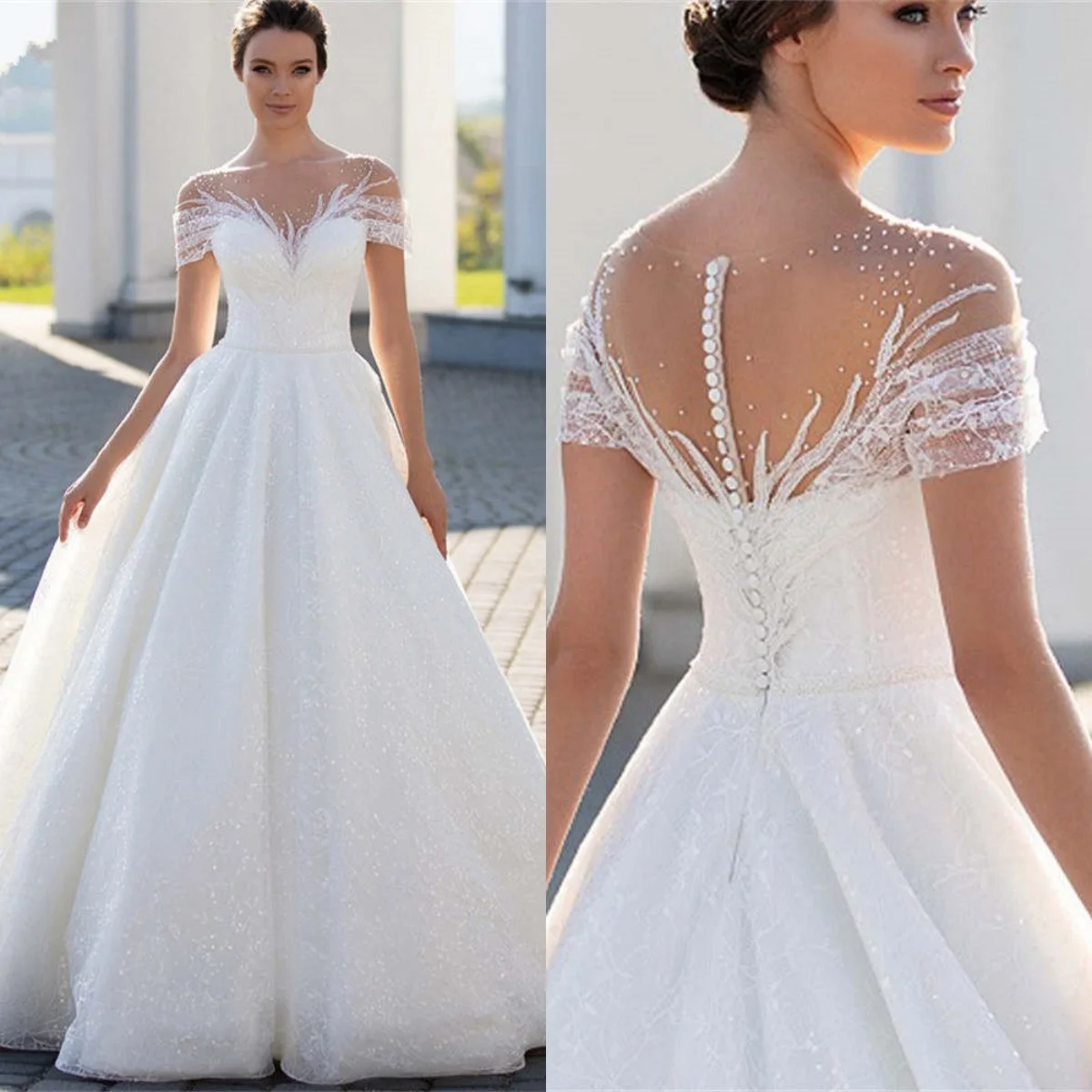 

Gorgeous A Line Wedding Dress O Neck Pearls Beading Bride Gowns Sweep Train Bridal Dresses Custom Made