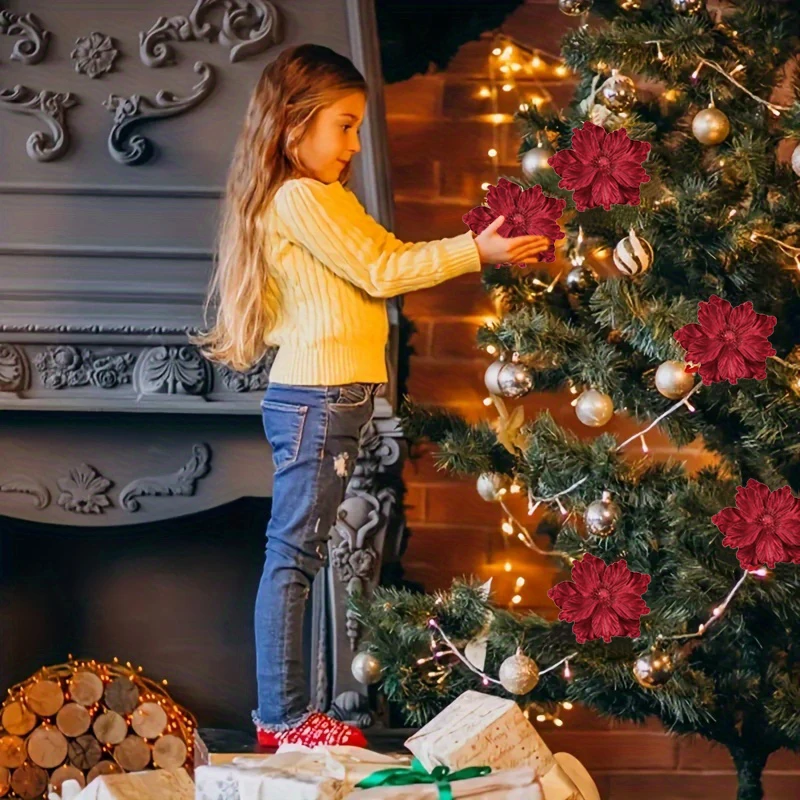 رؤوس زهور عيد الميلاد، زهور صناعية لامعة، زينة شجرة عيد الميلاد ذاتية الصنع، زينة حفلات عيد الميلاد، ديكور منزلي للعام الجديد #6