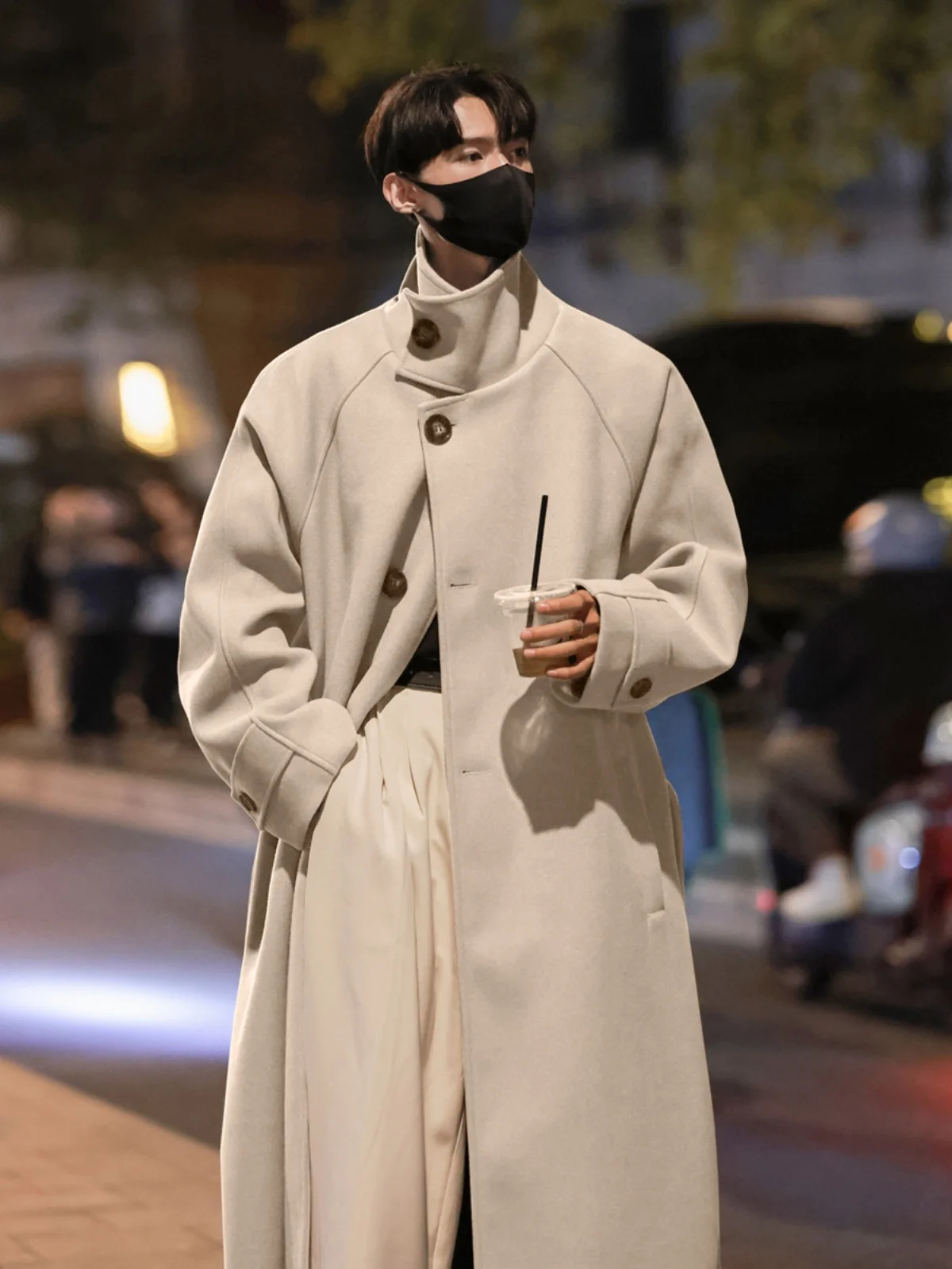 

Thiened Long Woolen Coat for Men with Belt Trench Coat Sle Stand Collar Autumn Winter Faion Brand Casual Loose Fit