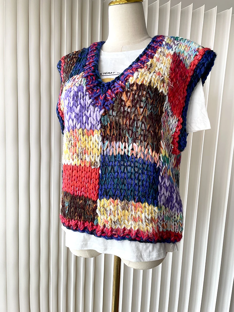 Women Patchwork Colorful Handmade Vest Multi Color Chunky Sweater Knitwear Dopamine Dressing 2025 Fall/Winter New In