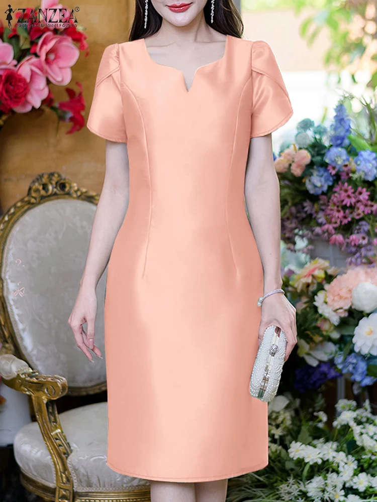 Zanzea gracioso commute curto robes femme com decote em v fino ajuste das mulheres pétala manga na altura do joelho vestidos elegantes de festa de cetim