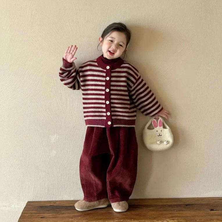 Girls Suit 2024 Winter New Childrens Wear Korean Style Baby Girl Striped Sweater Cardigan Corduvet Pants Two-piece Set