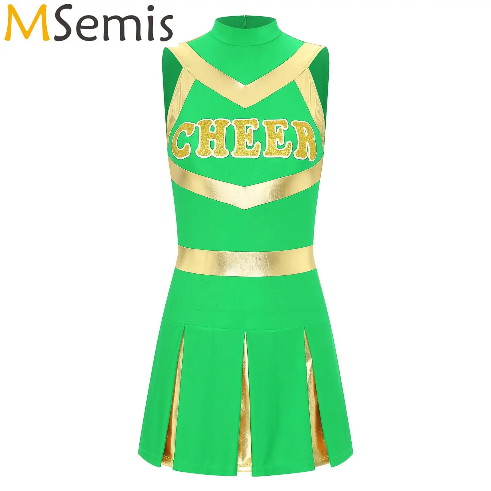 

Womens Shiny Cheerleading Dress Sleeveless Pleated Print Dress Youthful Schoolgirl Cheerleader Uniform Squad Halloween Costumes