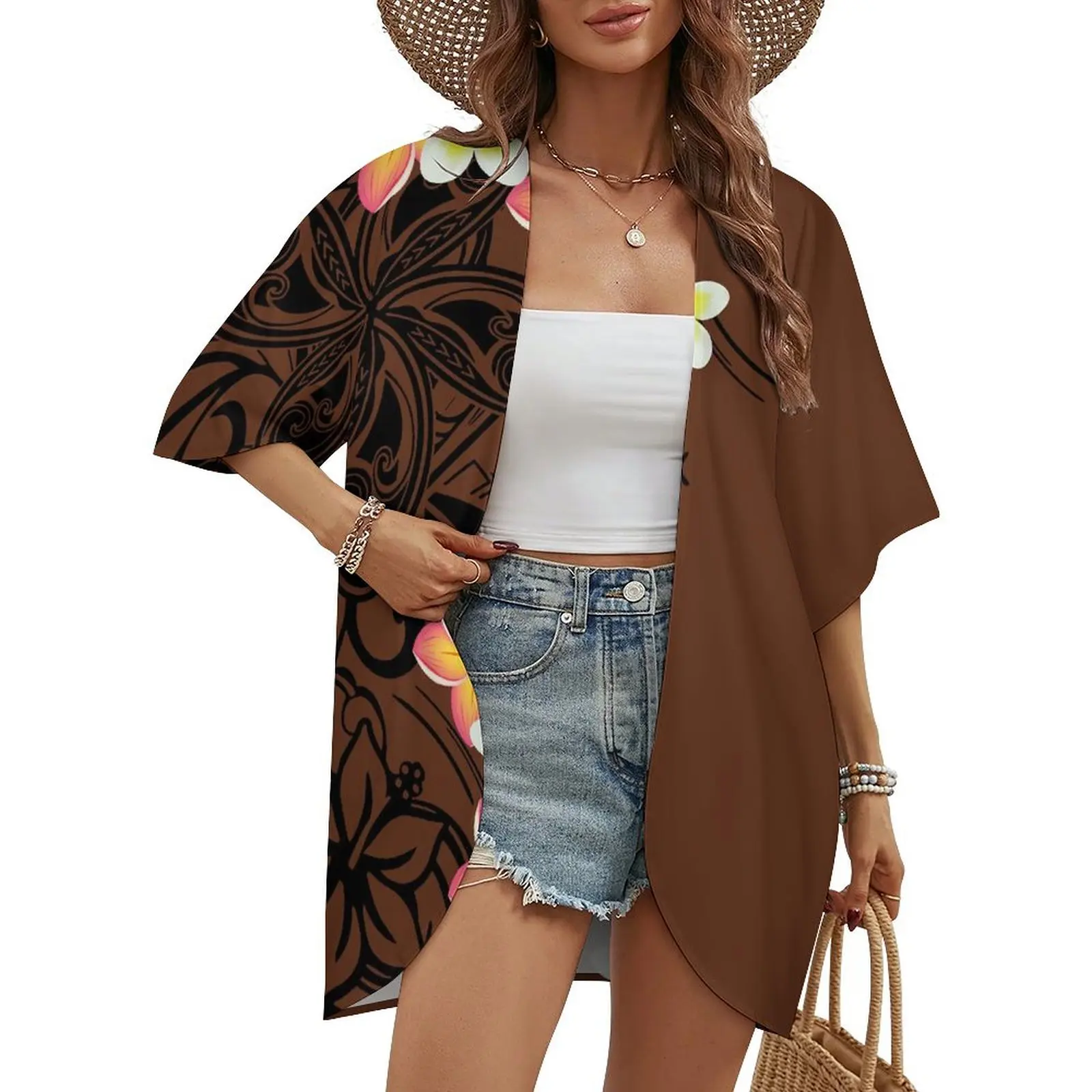 Casual Print Custom Cardigan Coat Lapel Cardigan Ladies Loose Half Sleeve Oversized Shirt Ladies Polynesian Style Shirt  Coat