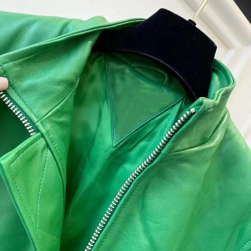 Jaqueta de couro genuíno feminina primavera e outono curto comprimento nova chegada gola o-pescoço cor verde outerwear