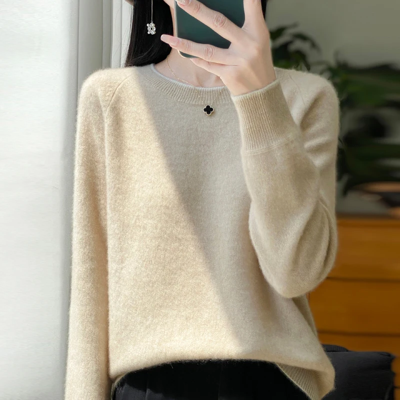 Autumn and Winter Women Sweater 100% pure wool O-Neck Thick&Loose Casual Long Sleeve Knitwears Pullover Tops Female clothing