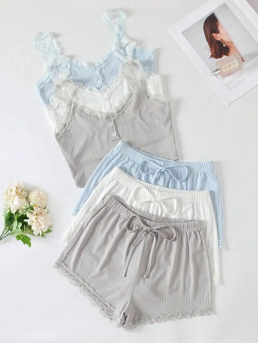 

Womens Lace Trim Pajama Set With Bow Knot Sleepwear Lounge Set