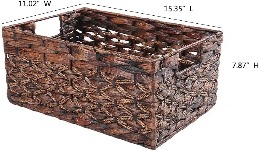 Large Woven Storage Basket with Handles, Natural Water Hyacinth Rectangular Box for Home Organization