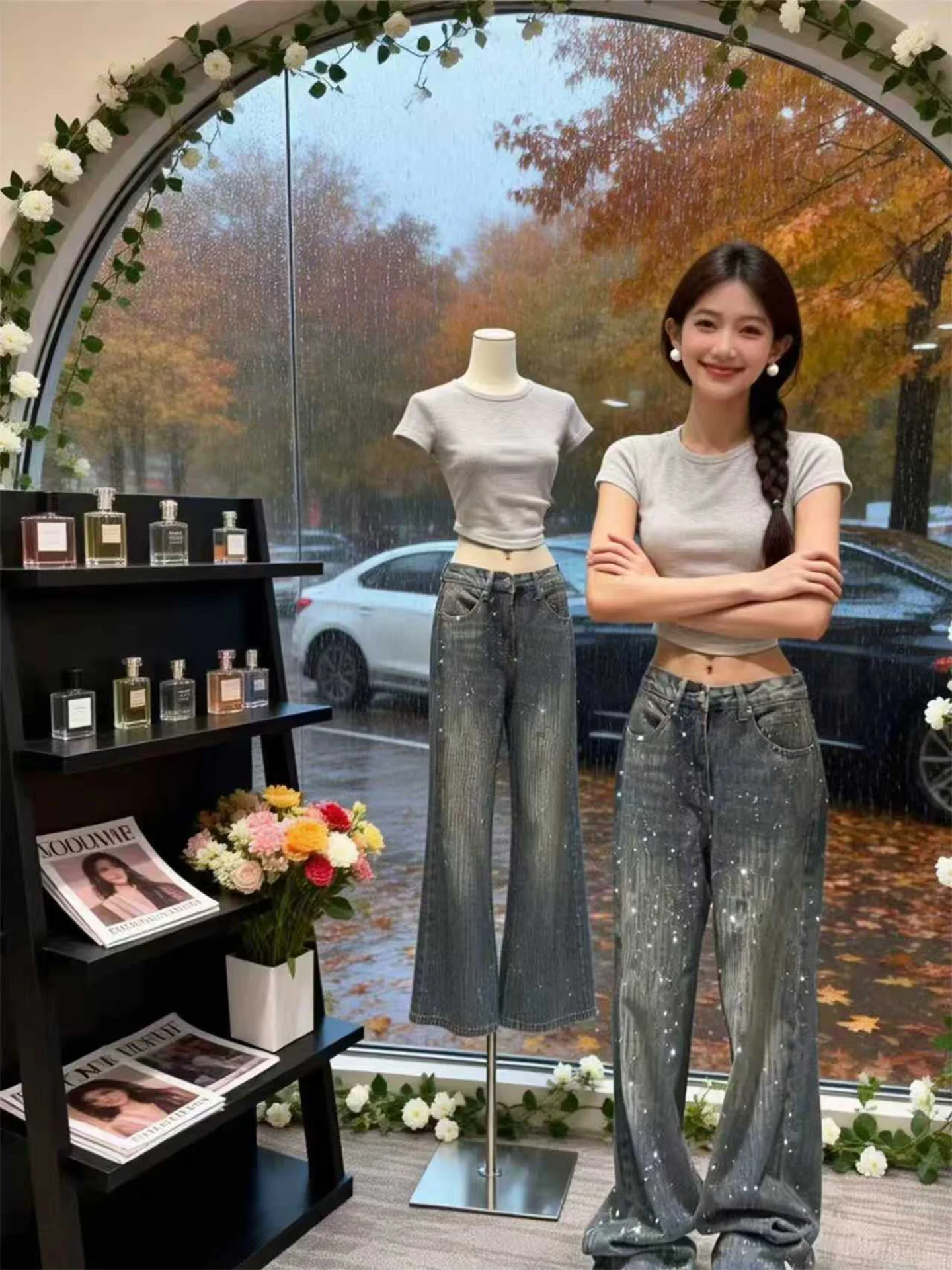 Plus Größe Glitter Diamant Eingebettet Blau Breite Bein Jeans frauen Herbst Winter Neue Sle Ultra ular Dünne Gerade Hosen