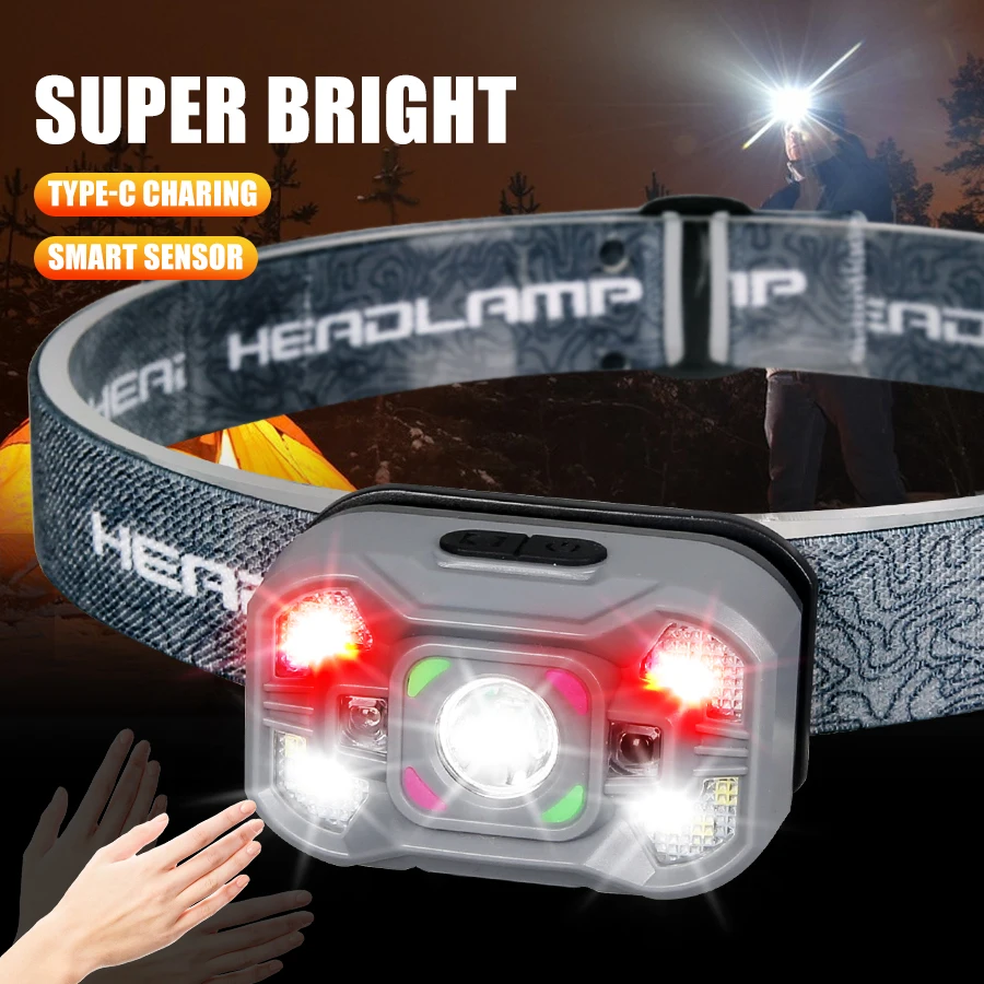 

USB Rechargeable LED Induction Headlamp Light with Built in Battery 5 Lighting Modes Fishing Head Torch Outdoor Camping Lantern