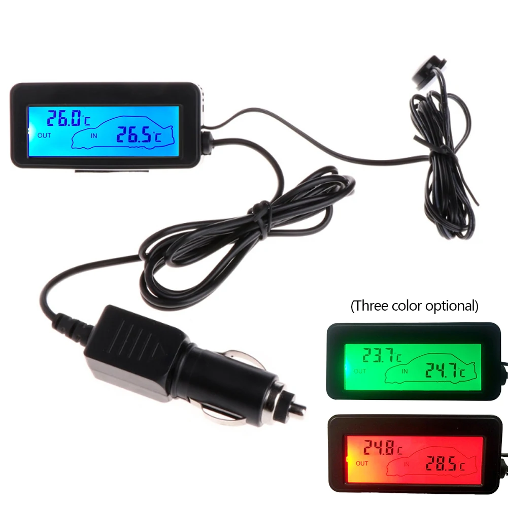 Image of Auto-Temperaturmesser für Innen und Außen mit 1,5m Kabel 12V Mini-Temperatursensor LCD Auto Digital-Thermometer