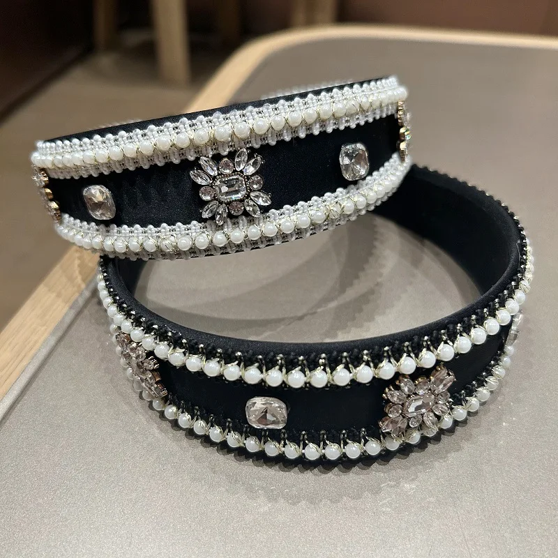 

Elegant Pearl Crown Headbands Black Fabric With Pearl Trim Crystal Flower Accents Classic Elegant Office Lady Hair Accessories