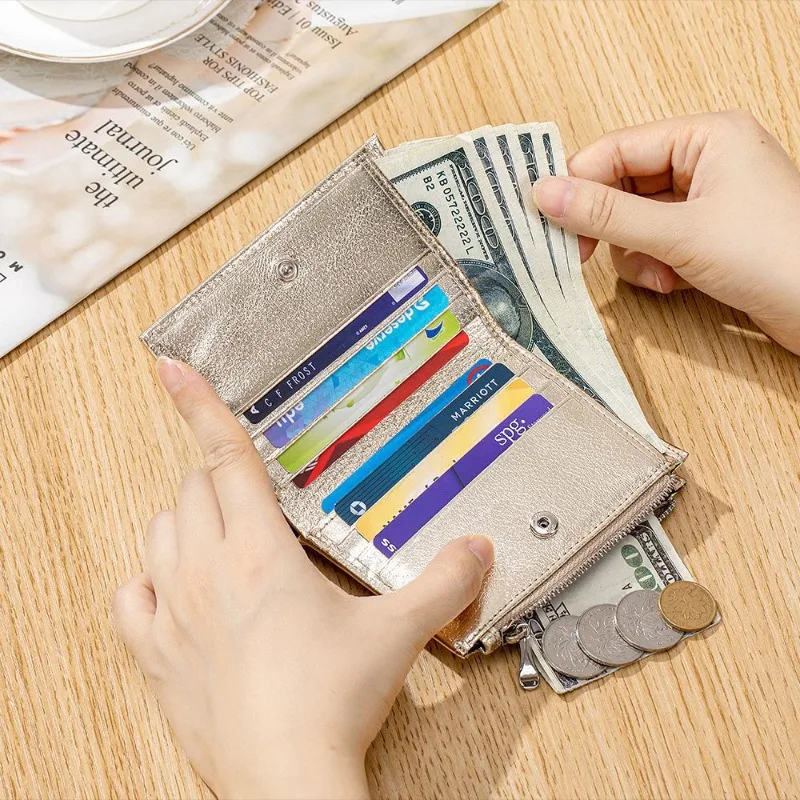 Women's Genuine Leather Compact Bifold Wallet Multi‑Card Slots Snap Closure Zipper Coin Purse Ladies Cash Card Organizer Purse