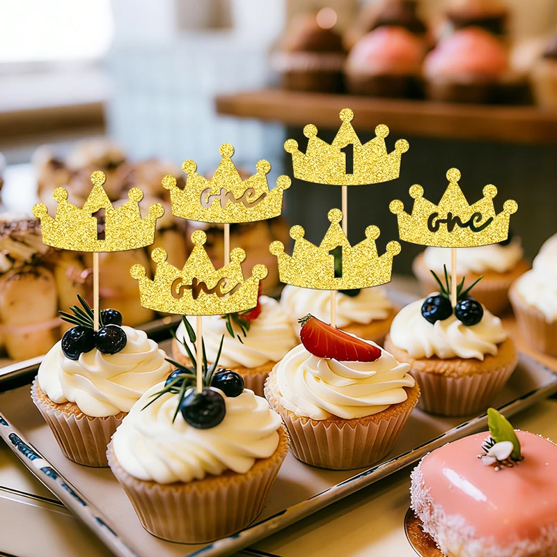 YOMDID 24 Stück Glitzer-Kronen-Cupcake-Topper, Kuchenaufsätze für Geburtstagskuchen, Einsteckspieße für Babyparty-Geschenke und Partydekorationen