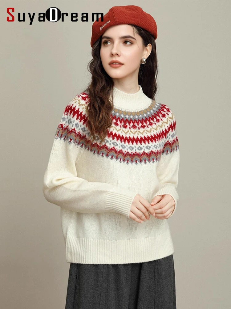 SuyaDream، سترة عيد الميلاد النسائية، صوف الأغنام 100%، رقبة وهمية، بلوفرات جاكار دافئة، بلوزة محبوكة لخريف وشتاء 2025، أحمر، رمادي #1