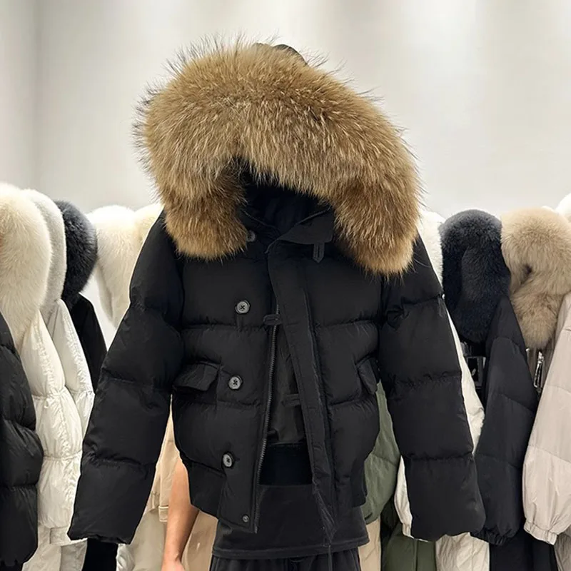 Mulheres parker pato branco para baixo quente com capuz jaqueta feminina 2025 nova moda grande gola de pele de alta qualidade jaqueta feminina h478