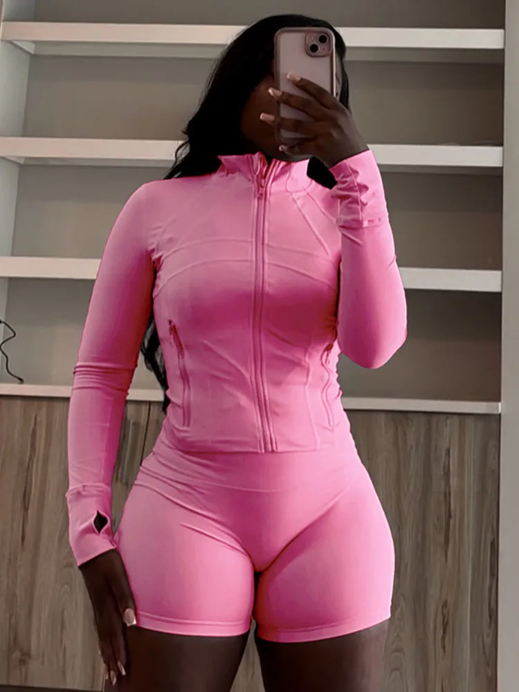 Doyerl Solid Casual Tracksuits Set Woman 2 Piece Sets Active Wear Long Sleeve Zipper Jacket Top and Shorts Sport Suit Matching