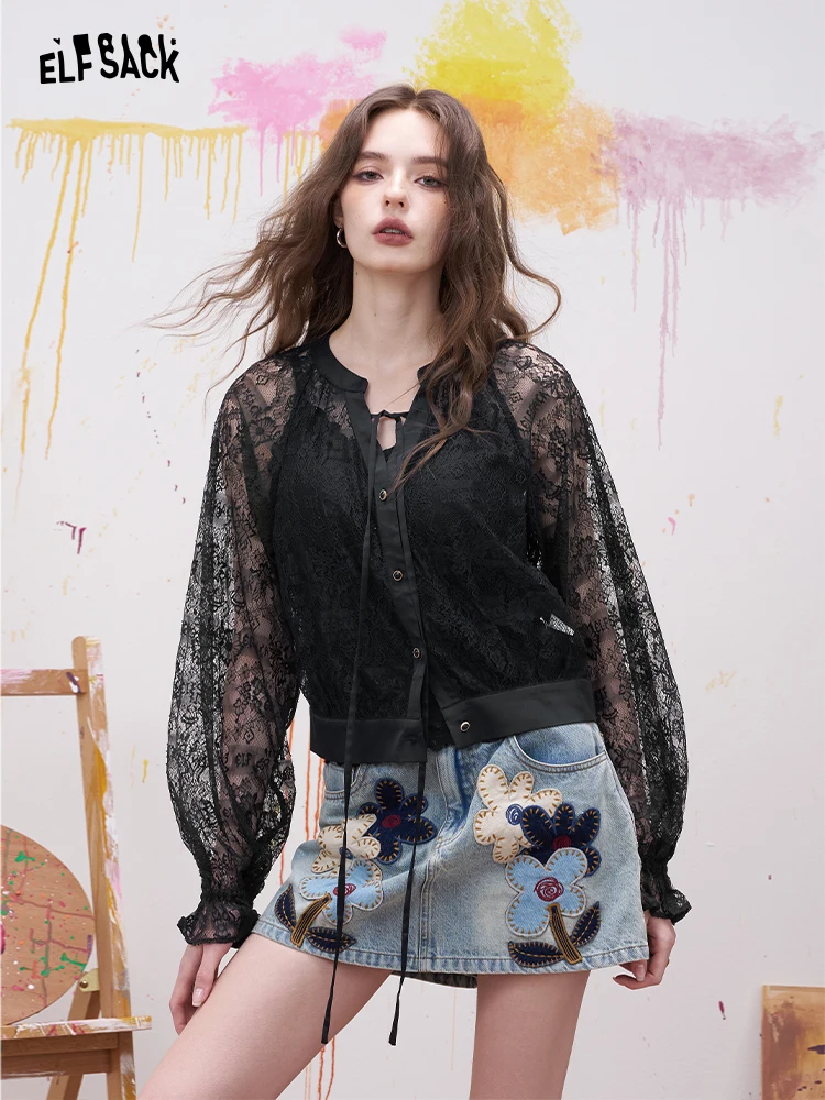 

Sexy Lace Hollow out V-Ne ket Fairy Girl Spring Summer Pure Desire Spicy Girl Jaet Women's Faion Lace irt