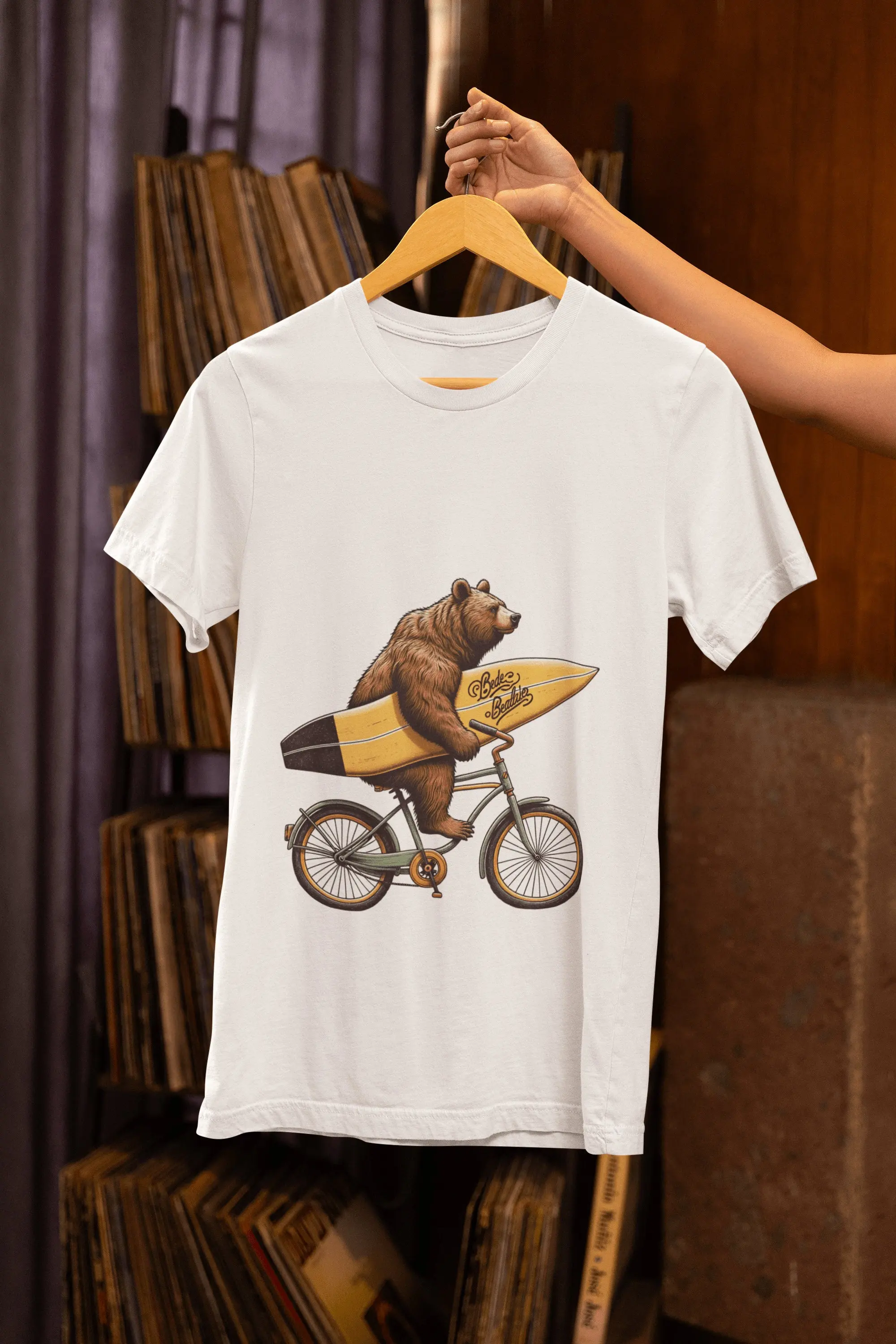 Surfing Bear on Bicycle T Shirt Whimsical Animal Adventure Outdoor Unique Idea for Her Him All Sizes Top