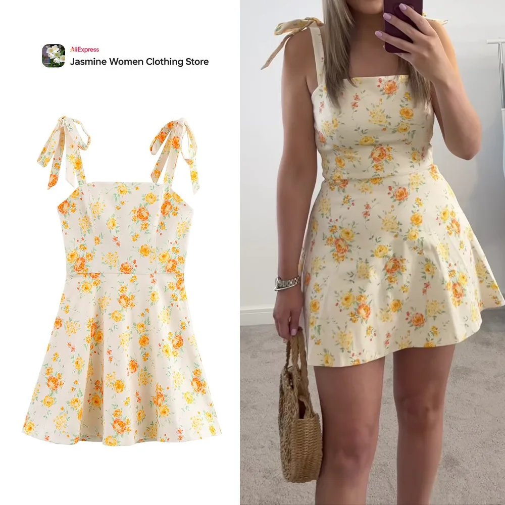 Women's Gorgeous Orange Floral Poplin Bow Dress Elegant Short Straight-neck Dress with Bow Straps Vacation Flower Printing Dress