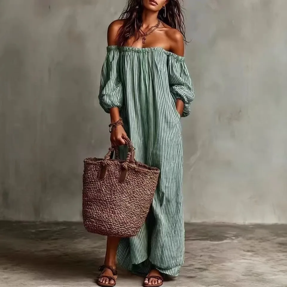 2026 Spring and Summer Women's Striped Long Dress with One-Shoulder Design, Perfect for European and American Styles