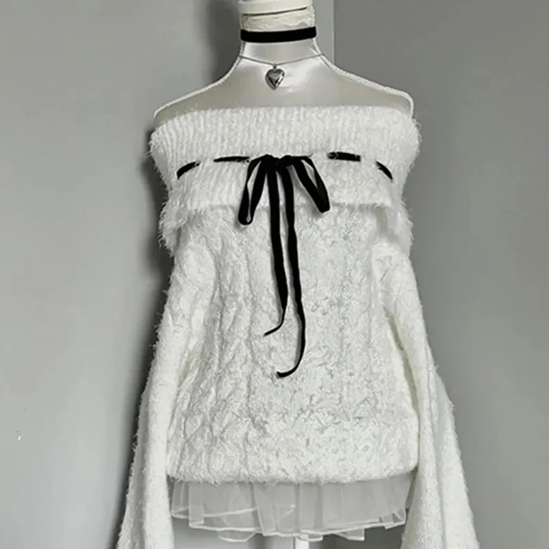 Sexy fora do ombro camisola de malha feminina branco harajuku y2k doce pulôver manga longa solto preguiçoso rendas até bonito topo