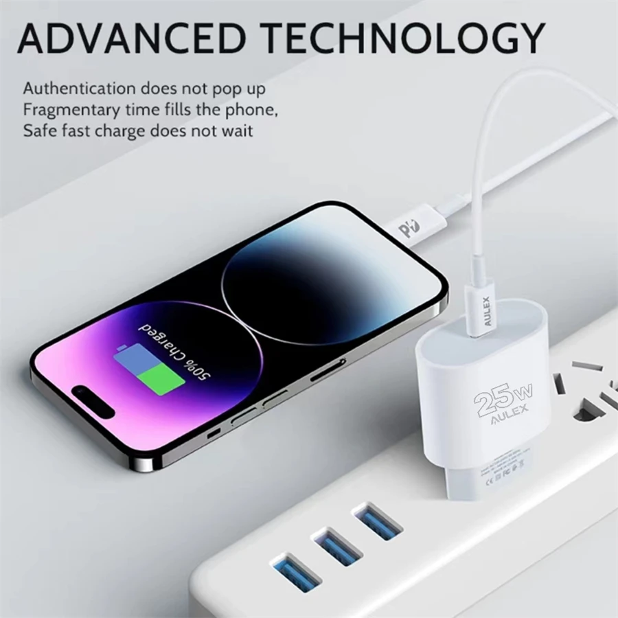 محول شاحن سريع USB C بقدرة 25 وات متوافق مع آيفون 15 14 13 12 11 برو ماكس، آي باد، سامسونج PD محول شحن سريع من النوع C