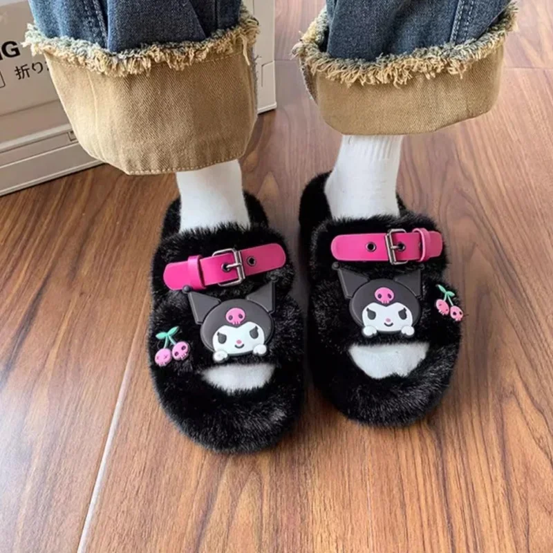 Sanrio Kulomi cute sweet warm home women's shoes cartoon contrasting color plush thick-soled open-toed cotton slippers