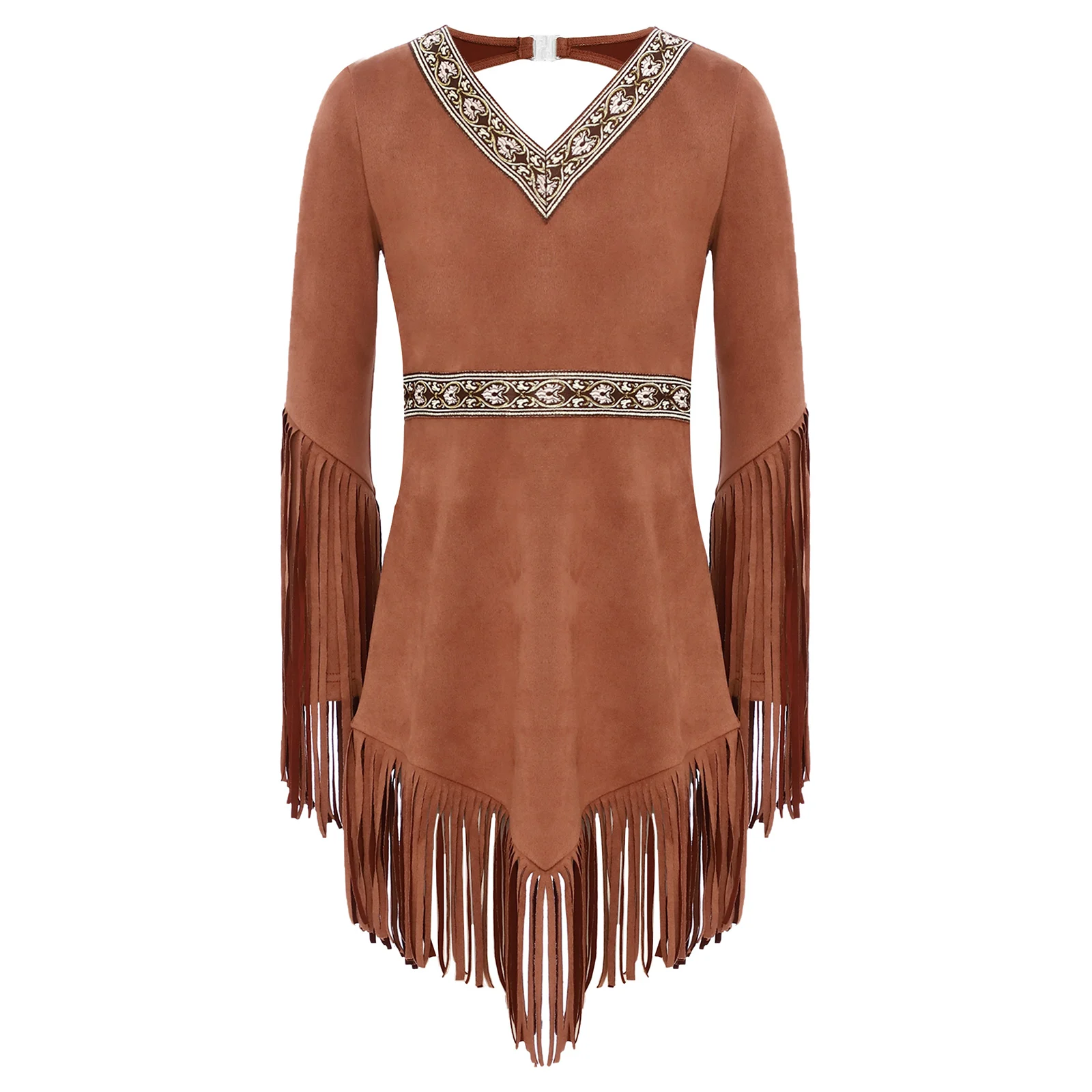 Kids Girls Halloween Carnival Native American Princess Dress-up Costume Long Sleeve Zipper Tassel Indian Maiden Cosplay Dress