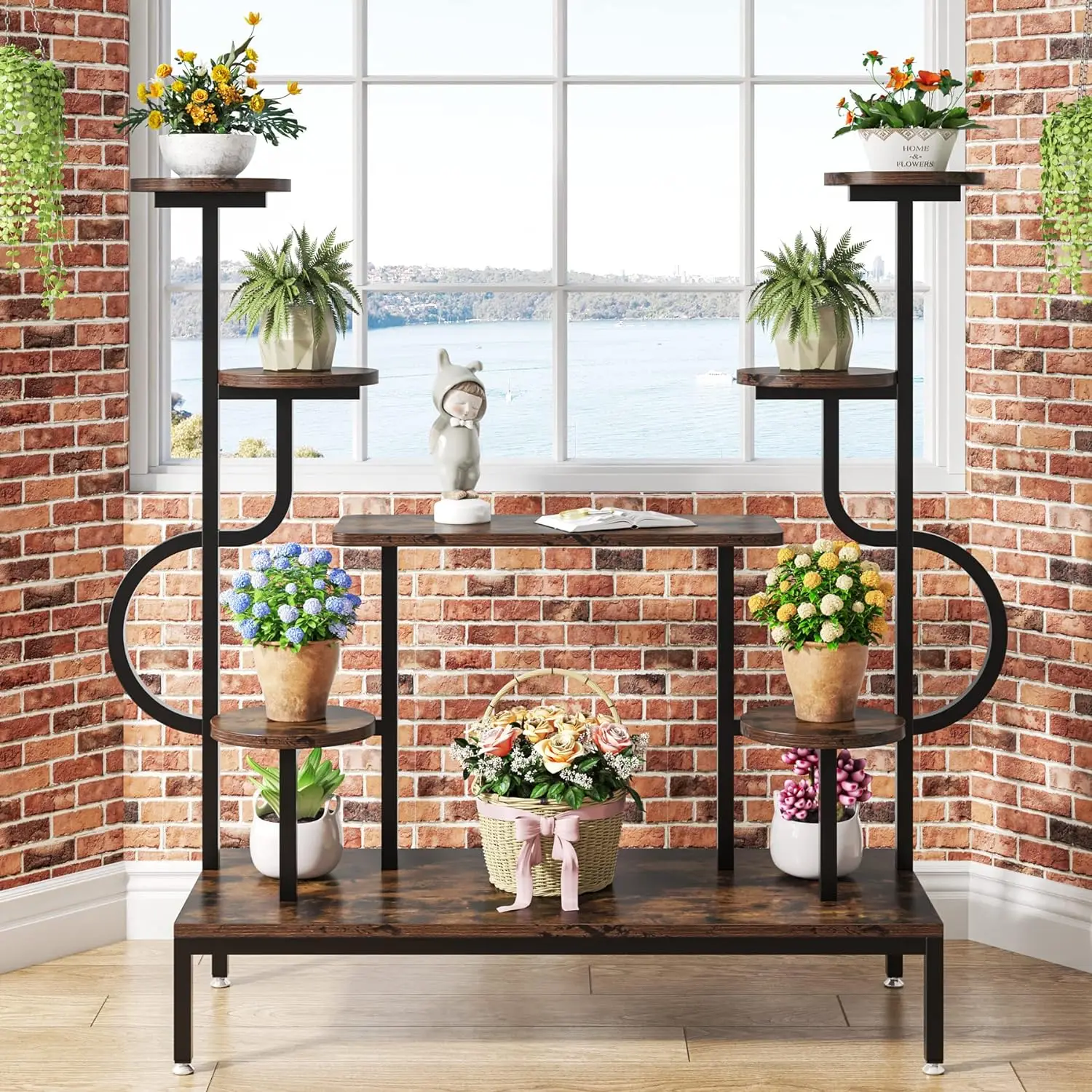 

8-Tier Metal Plant Stand, Large Tall Shelf for Multiple Plants, Round & Square Boards, Wood Indoor Ladder Holder Flower