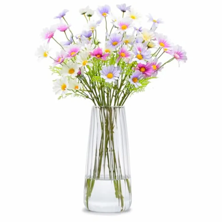 8.3in Glass Vase for Flowers, Ribbed Flower Vase for Table Centerpiece Wedding Home Decor, Modern Glass Vases for Living Room,
