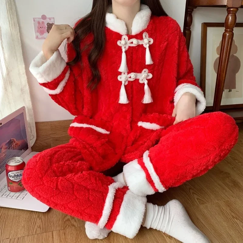 Big Red Festive Autumn and Winter New Thick Coral Velvet Warm Cardigan Flannel Pajamas Lady Can Worn Outside Set Pijamas Women