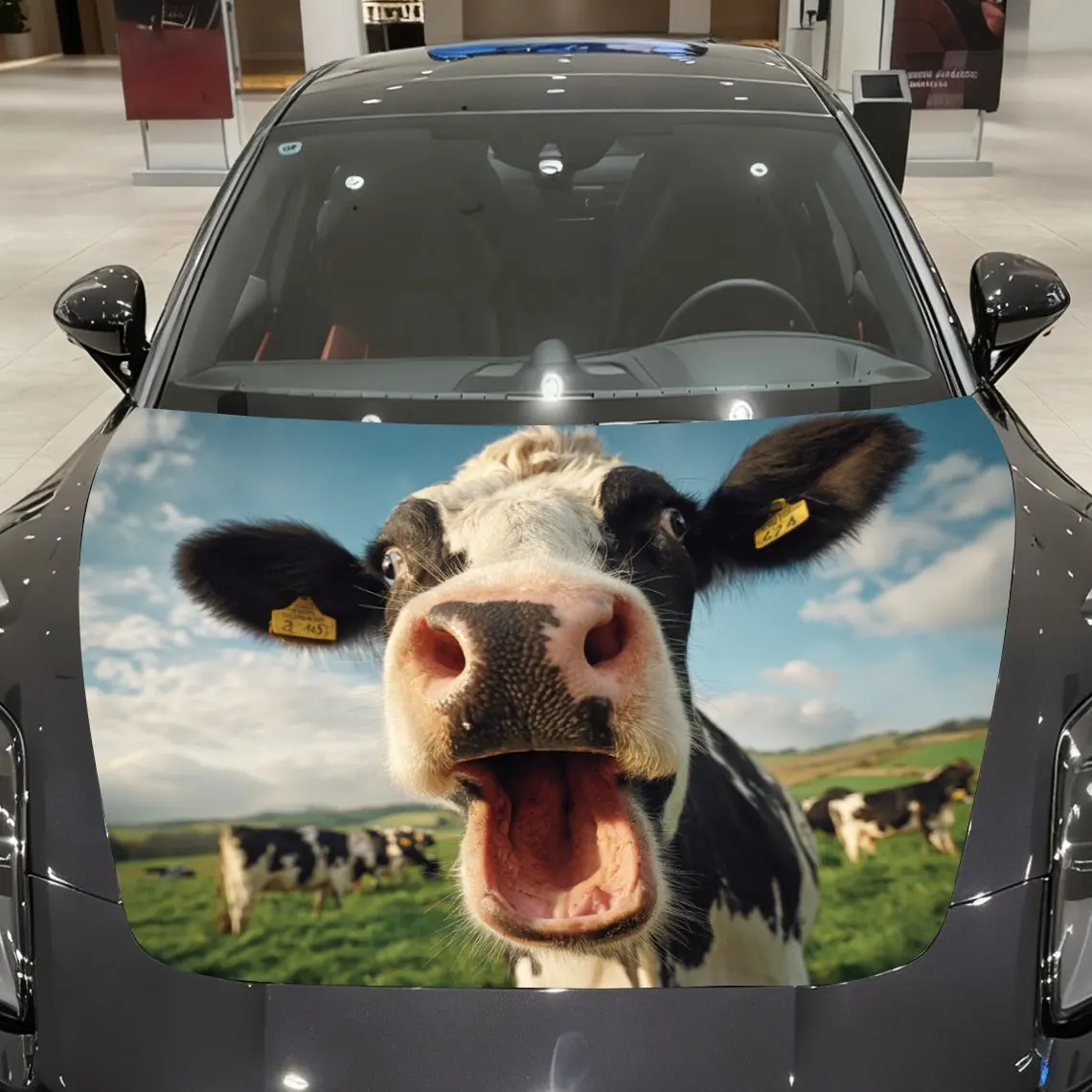 Weird Cow Car Hood Vinyl Packaging-waterproof, Scratch Resistant, Self-adhesive Sticker, Red And Black Design, Durable PVC, Suit