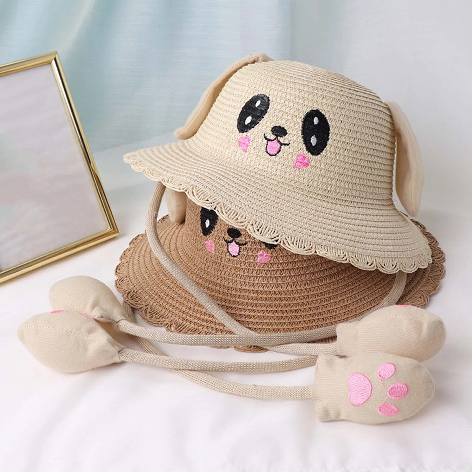 Cute Rabbit Ear Summer Straw Hat Children Protection Comfortable Sun Hat for Outdoor Beach Sunscreen Spring Holiday Boys Girls